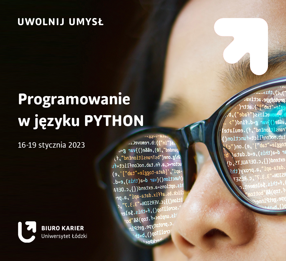 widoczna z bliska twarz i okulary w których odbija się ekran komputera z programem do kodowania