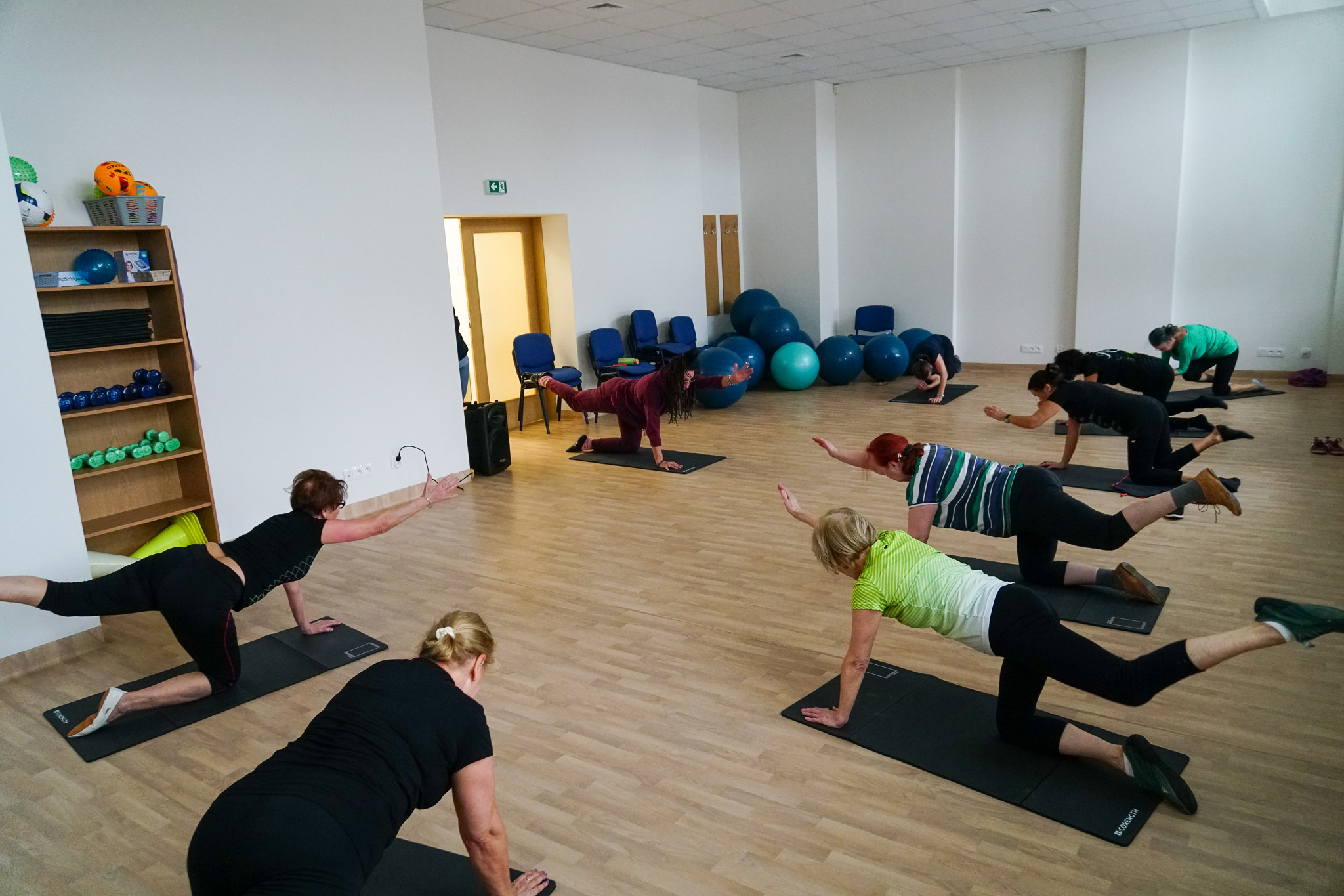 Sala gimnastyczna. Kilka kobiet ćwiczy w klęku podpartym wymach ręką.