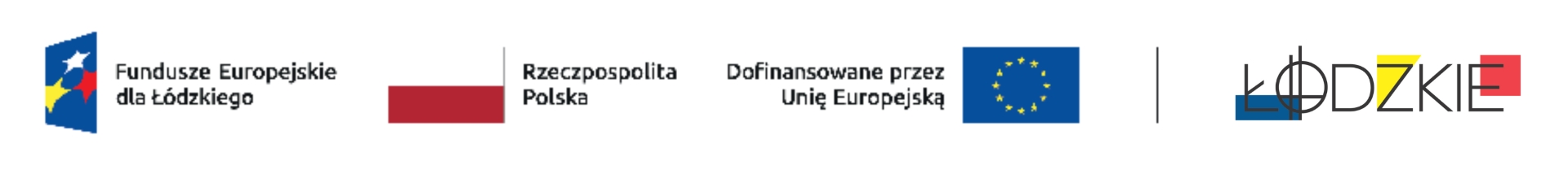 Logo projektu, tzn. logo Funduszy Europejskich dla Łódzkiego, Logo Rzeczpospolitej Polskiej, Logo Dofinansowane przez UE, logo województwa łódzkiego.