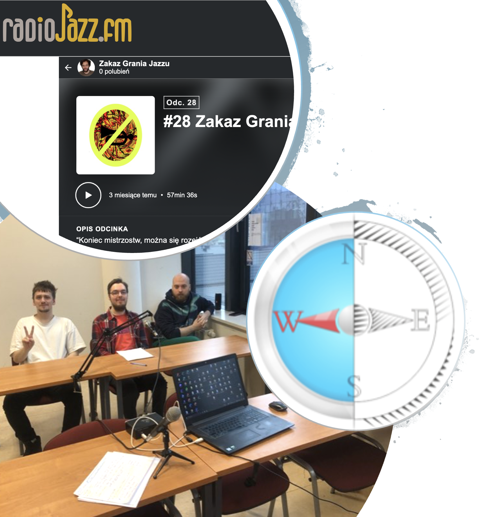 kolaż: zdjęcie 3 siedzących mężczyzn, kompas skierowany za zachód, fragment strony radia Jazz.fm