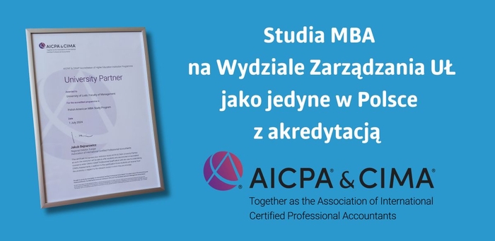 Grafika z niebieskim tłem pokazująca certyfikat AICPA&CIMA dla studiów MBA