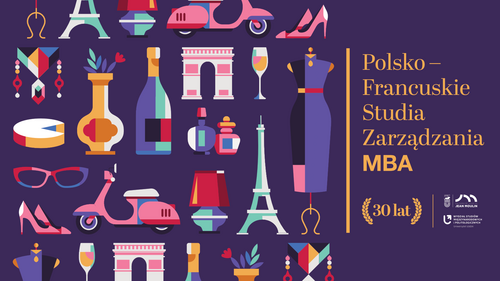 na fioletowym tle nazwa studiów podyplomowych w otoczeniu symboli kojarzących się z Francją (np. budowle, produkty spożywcze itp.)