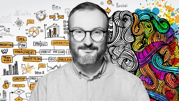 Dr Mateusz Hauk na tle grafiki przedstawiającej ludzki mózg oraz kolorowo zobrazowane procesy twórcze jakie w nim zachodzą