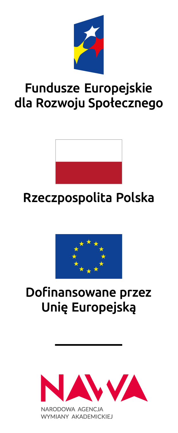 kolorowe logotypy następujące po sobie w pionowym układzie, zaczynając od: logotypu Funduszy Europejskich dla Rozwoju Społecznego; flagi Rzeczpospolitej Polskiej. flagi Unii Europejskiej, logotypu Narodowej Agencji Wymiany Akademickiej